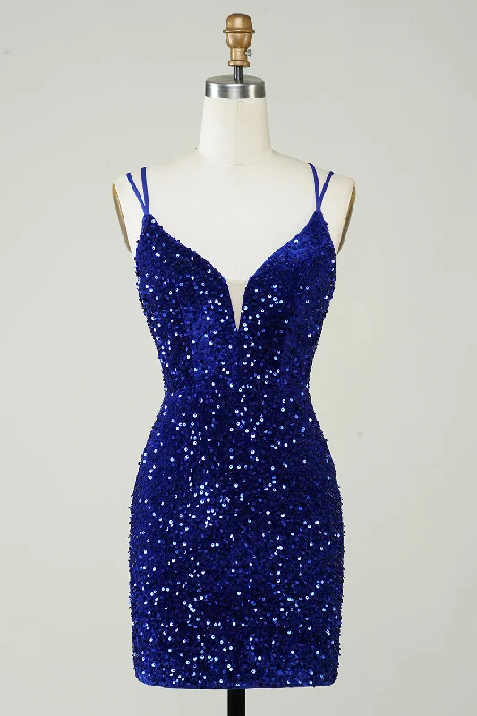 "Short dresses for women for a night out clubbing"Sheath Royal Blue Sequins Short Homecoming Dress with Criss Cross Back "Short dresses for women for a night out clubbing"Sheath Royal Blue Sequins Short Homecoming Dress with Criss Cross Back