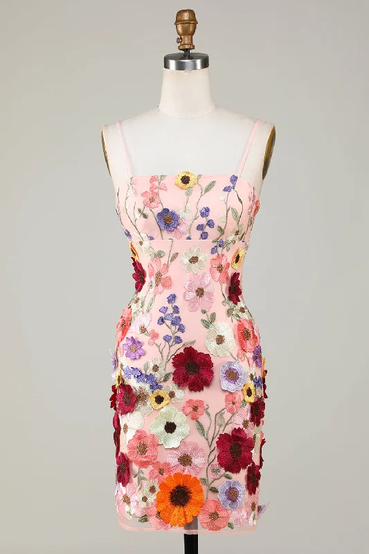 "Black tie dresses for women for formal galas"Sheath Spaghetti Straps Blush Homecoming Dress with 3D Flowers "Black tie dresses for women for formal galas"Sheath Spaghetti Straps Blush Homecoming Dress with 3D Flowers
