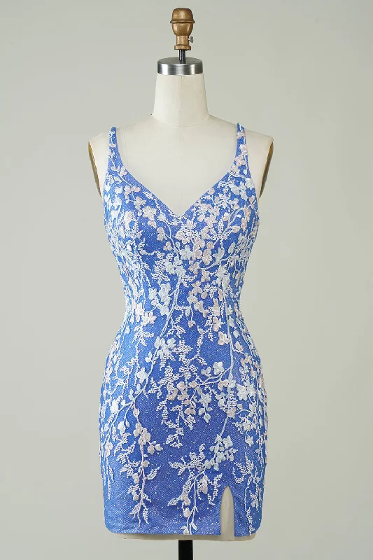 "Buy One, Get One 50% Off on Women's Dresses - Don't Miss Out!"Sheath V Neck Blue Short Homecoming Dress with Appliques Criss Cross Back "Buy One, Get One 50% Off on Women's Dresses - Don't Miss Out!"Sheath V Neck Blue Short Homecoming Dress with Appliques Criss Cross Back