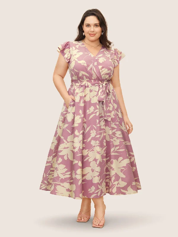 Maxi Dresses with Side Slits for Easy MovementSilhouette Floral Print Wrap Ruffle Cap Sleeve Dress