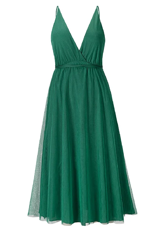 Dresses with Sequined Bodice and Chiffon Overlay for Ladies' Elegant ContrastSimple Deep V Neck Green Party Dress