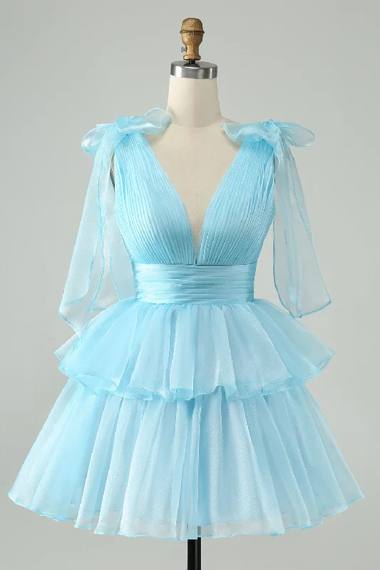 "Animal print dresses for women who love bold styles"Sky Blue A Line V Neck Pleated Tiered Short Homecoming Dress