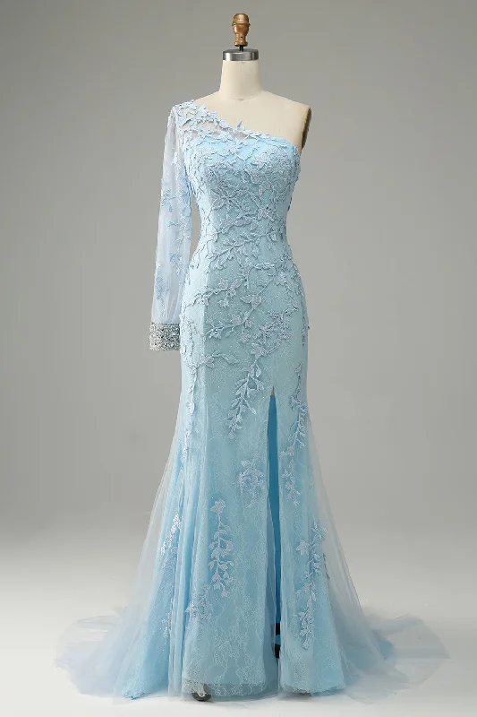 "A - line dresses for women to flatter the figure"Sky Blue One Shoulder Mermaid Prom Dress With Appliques "A - line dresses for women to flatter the figure"Sky Blue One Shoulder Mermaid Prom Dress With Appliques
