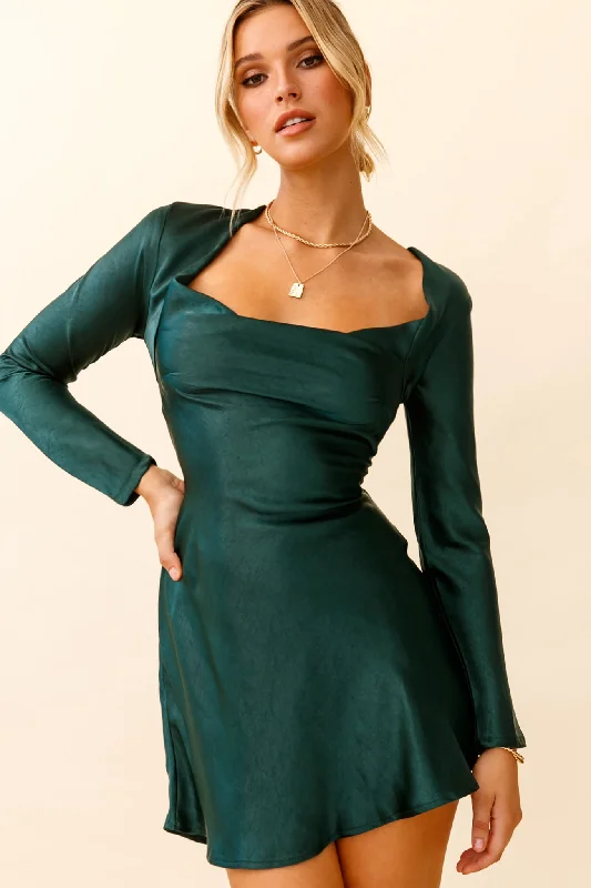 Dresses with Asymmetric Hem for Ladies' Unique StyleSolstice Long Sleeve Cowl Neck Mini Dress Forest Green