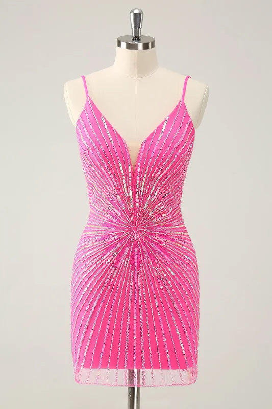 Dresses with Metallic Sequined Bodice and Chiffon Skirt for Ladies' Glamorous and Flirty LookHot Pink Spaghetti Straps Tight Short Backless Homecoming Dress with Sequins