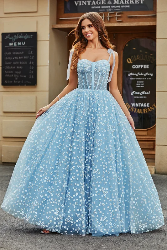 Dresses with Sequined Hearts for Ladies' Romantic LookSpaghetti Straps Sky Blue A-Line Corset Prom Dress with Florals