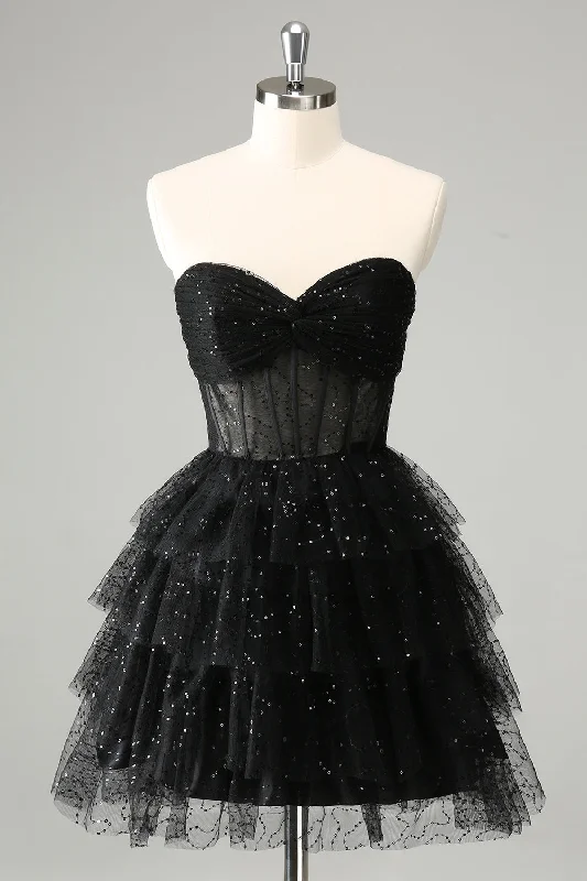 Short Dresses with Sequined Accents for Ladies' Night OutSparkly A Line Black Sweetheart Tiered Corset Cute Homecoming Dress