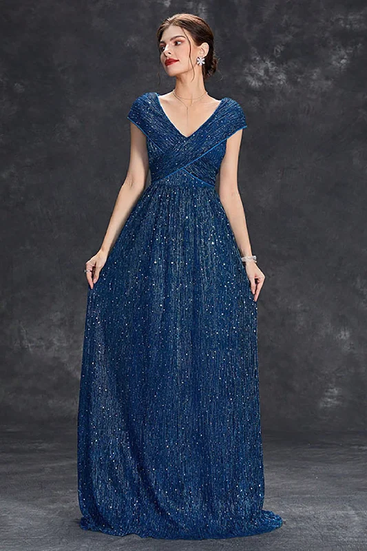 Beaded Dresses with Tulle and Lace Combo for Ladies' Glamorous LookSparkly A-Line V-Neck Grey Blue Long Formal Dress