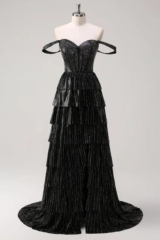 Dresses with Sequined Stripes and Sheer Back for Ladies' Bold and Sexy LookSparkly Black Silver A Line Off The Shoulder Corset Tiered Prom Dress with Beading