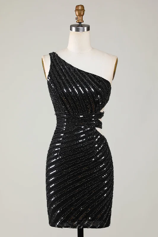 "Pleated dresses for women with a graceful movement"Sparkly Bodycon One Shoulder Black Sequins Short Homecoming Dress with Cut Out "Pleated dresses for women with a graceful movement"Sparkly Bodycon One Shoulder Black Sequins Short Homecoming Dress with Cut Out