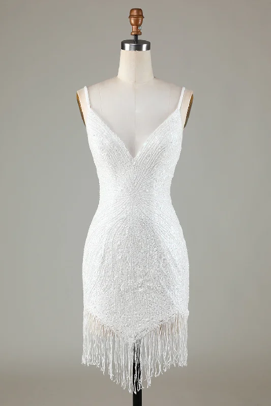 "Hurry! Limited Stock - Get Your Dream Dress with a Special Discount"Sparkly Bodycon Spaghetti Straps White Lace-Up Back Short Homecoming Dress with Beading "Hurry! Limited Stock - Get Your Dream Dress with a Special Discount"Sparkly Bodycon Spaghetti Straps White Lace-Up Back Short Homecoming Dress with Beading