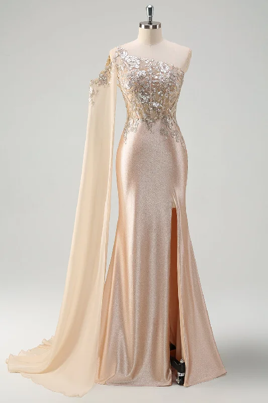 Dresses with Embroidered Birds and Sequined Floral Motifs for Ladies' Nature Inspired and Elegant LookSparkly Champagne Mermaid One Shoulder Sequin Long Prom Dress with Slit