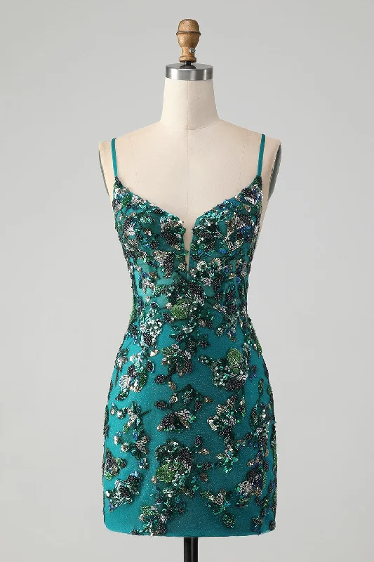 "A - line dresses for women to flatter the figure"Sparkly Dark Green Beaded Sequins Bodycon Homecoming Dress with Lace-up Back