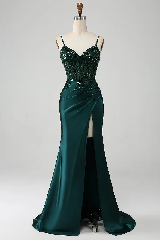 "Black dresses for women for a classic and timeless appearance"Sparkly Dark Green Mermaid Sequin Pleated Corset Prom Dress With Slit "Black dresses for women for a classic and timeless appearance"Sparkly Dark Green Mermaid Sequin Pleated Corset Prom Dress With Slit