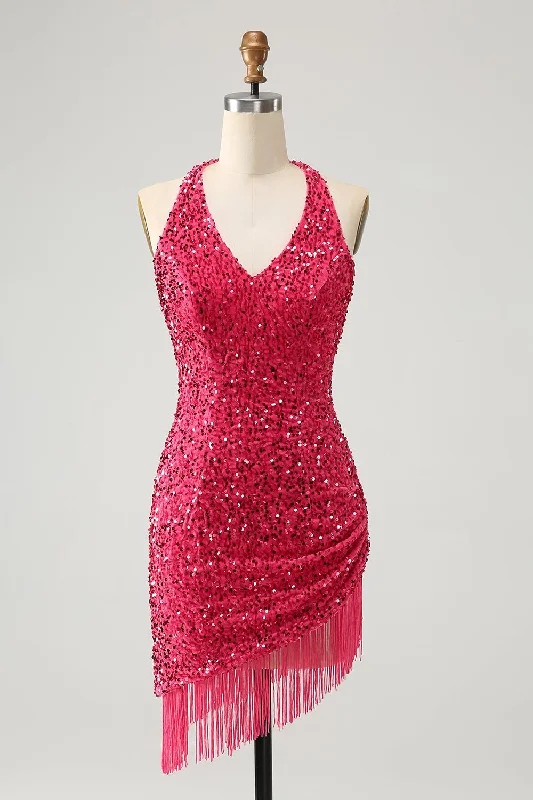 Dresses with Sequined Geometric Shapes and Lace and Chiffon Blend and Ruffled Sleeves for Ladies' Modern and Dramatic LookSparkly Fuchsia Sequins Halter Short Bodycon Homecoming Dress with Tassels