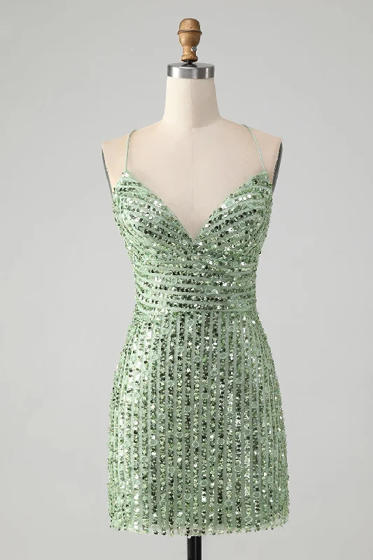 Dresses with Sheer Panels and Beaded Trim and Embroidered Paisley Patterns for Ladies' Sultry and Exotic LookUnique Sparkly Green Tight Sequins Short Homecoming Dress with Lace Up Back