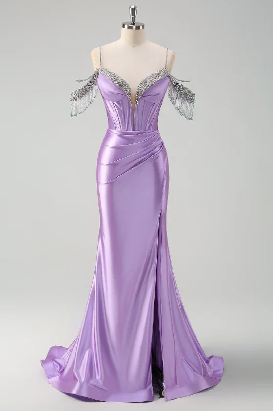 Dresses with Embroidered Tribal Patterns and Satin Sash for Ladies' Cultural and Glamorous LookSparkly Lilac Mermaid Cold Shoulder Tassels Satin Beaded Long Prom Dress with Slit