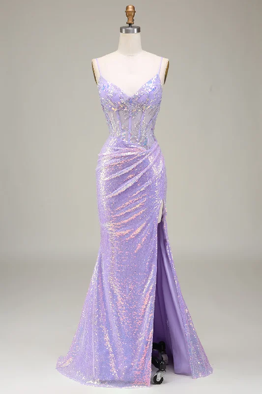 "A - line dresses for women to flatter the figure"Sparkly Mermaid LighT Purple Corset Prom Dress with Slit "A - line dresses for women to flatter the figure"Sparkly Mermaid LighT Purple Corset Prom Dress with Slit