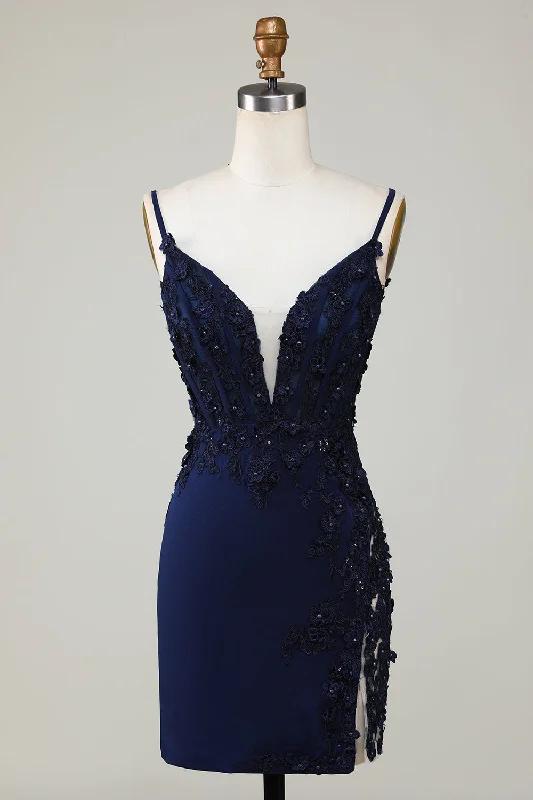 "Polka dot dresses for women with a retro vibe"Sparkly Navy Corset Tight Short Homecoming Dress with Lace "Polka dot dresses for women with a retro vibe"Sparkly Navy Corset Tight Short Homecoming Dress with Lace