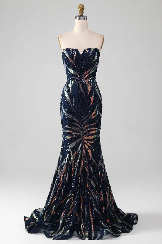 Dresses with Sheer Panels for Ladies' Sultry and Alluring LookSparkly Navy Mermaid Sequins Long Prom Dress