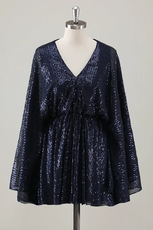 Dresses with Lace and Tulle Combo for Ladies' Dreamy LookSparkly Navy Short A-Line Holiday Party Dress with Long Sleeves