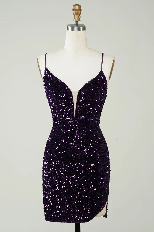 "Comfortable maternity dresses for pregnant women"Sparkly Purple Sequins Backless Tight Short Homecoming Dress with Slit "Comfortable maternity dresses for pregnant women"Sparkly Purple Sequins Backless Tight Short Homecoming Dress with Slit