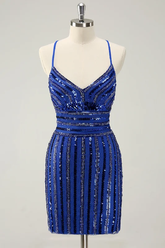 "Ruffled dresses for women for added femininity"Sparkly Royal Blue Tight Sequined Spaghetti Straps Homecoming Dress "Ruffled dresses for women for added femininity"Sparkly Royal Blue Tight Sequined Spaghetti Straps Homecoming Dress