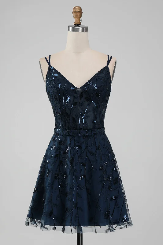 Dresses with Cut Out Details for Ladies' Bold and Fashionable LookNavy A Line Spaghetti Straps Sparkly Sequins Short Homecoming Dress