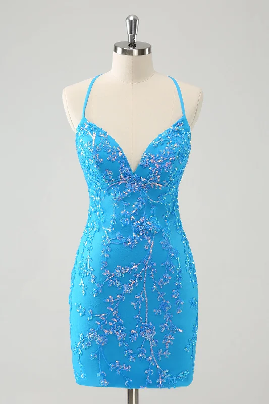 Short Dresses with Sequined Accents for Ladies' Night OutSparkly Sky Blue Tight Short Homecoming Dress with Lace-Up Back