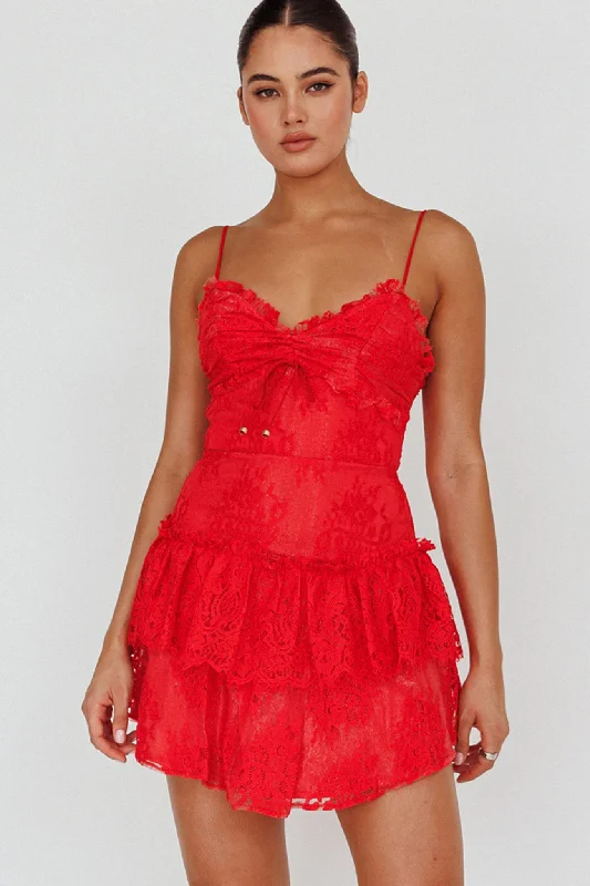 Dresses with Satin Trimmed Collar and Bow Back for Ladies' Classic and Intricate LookSt Tropez Cami Strap Frill Trim Lace Mini Dress Red