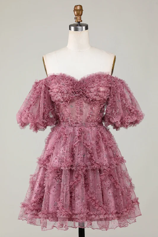 "Trendy casual dresses for women to wear at the beach"Stylish A Line Off the Shoulder Dusty Rose Tulle Short Homecoming Dress with Short Sleeves "Trendy casual dresses for women to wear at the beach"Stylish A Line Off the Shoulder Dusty Rose Tulle Short Homecoming Dress with Short Sleeves