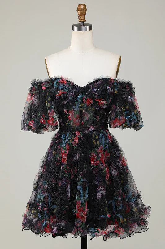 "Short dresses for women for a night out clubbing"Stylish A Line Off the Shoulder Black Tulle Short Homecoming Dress with Short Sleeves "Short dresses for women for a night out clubbing"Stylish A Line Off the Shoulder Black Tulle Short Homecoming Dress with Short Sleeves