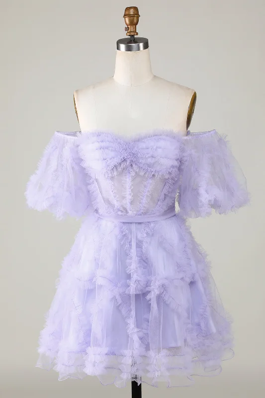 "Sustainable and eco - friendly women's dresses"Stylish A Line Off the Shoulder Purple Tulle Corset Homecoming Dress "Sustainable and eco - friendly women's dresses"Stylish A Line Off the Shoulder Purple Tulle Corset Homecoming Dress