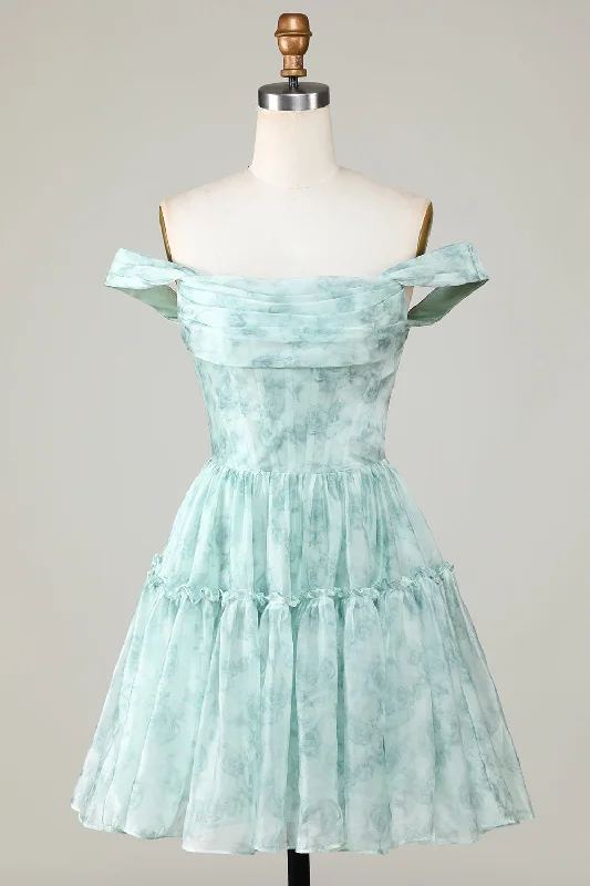 "Hurry! Limited Stock - Get Your Dream Dress with a Special Discount"Stylish A Line Off the Shoulder Sage Printed Short Homecoming Dress