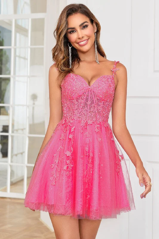 "Exclusive Discount: 30% Off All Women's Dresses for a Limited Period"Stylish A Line Spaghetti Straps Pink Short Homecoming Dress with Appliques