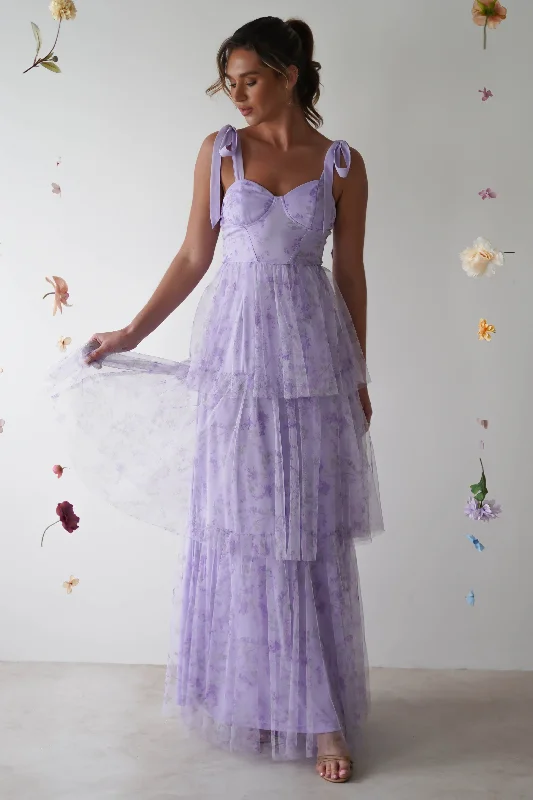 Maxi Dresses with Ethnic Embroidery for Cultural EventsSylvia Floral Tulle Maxi Dress | Lavendar