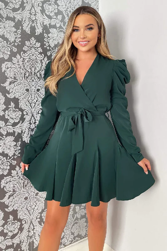 "Mini dresses for women for a youthful and trendy look"Teal Long Sleeve Tie Waist Skater Dress