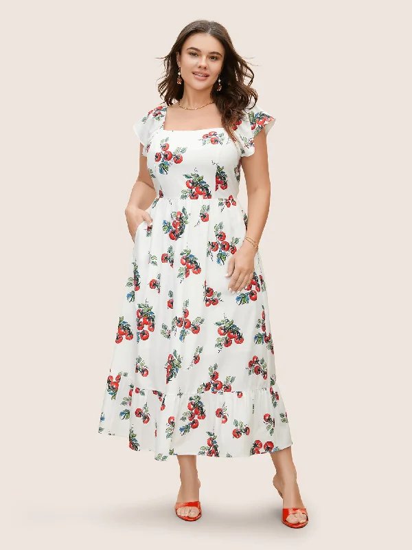 Royal Purple Maxi Dresses for a Regal AppearanceTomato Print Square Neck Ruffle Cap Sleeve Dress