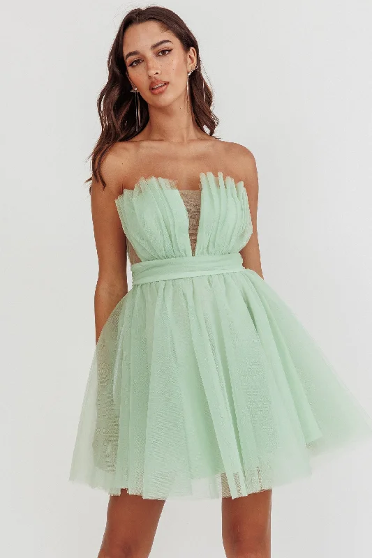 "Designer - inspired women's evening dresses"Touch The Stars Gathered Mesh Mini Dress Sage