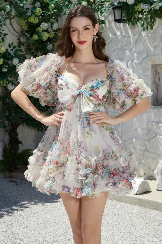 "New Arrivals Discount: 20% Off on Latest Women's Dress Collections"Trendy A Line Ivory Floral Printed Short Tulle Homecoming Dress with Short Sleeves "New Arrivals Discount: 20% Off on Latest Women's Dress Collections"Trendy A Line Ivory Floral Printed Short Tulle Homecoming Dress with Short Sleeves