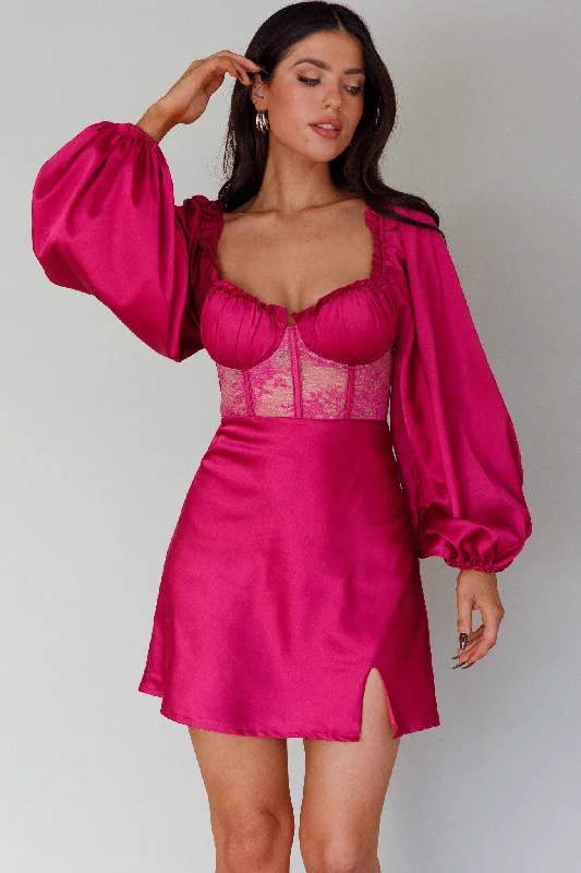 Dresses with Embroidered Floral Patterns and Tassel Hem and Sequined Bodice for Ladies' Bohemian and Glamorous LookTrophy Long Sleeve Lace Bodice Mini Dress Plum