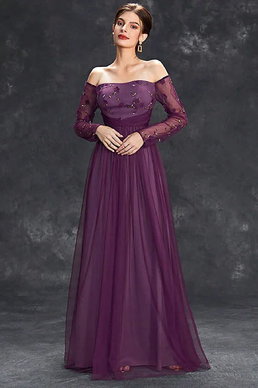 Gothic Style Dresses for Ladies with Black Lace AccentsDark Purple Tulle Off The Shoulder Formal Dress with Sleeves