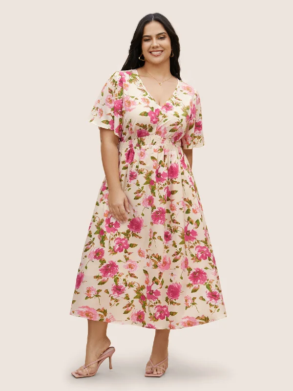 Sequin - Embellished Maxi Dresses for GalasV Neck Floral Shirred Flutter Sleeve Dress Sequin - Embellished Maxi Dresses for GalasV Neck Floral Shirred Flutter Sleeve Dress