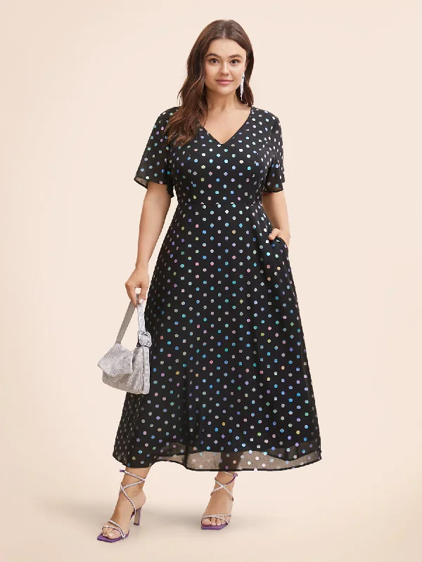 Ultra - Long Floor - Length Maxi Dresses for Formal EventsV Neck Polka Dot Glitter Ruffle Sleeve Dress