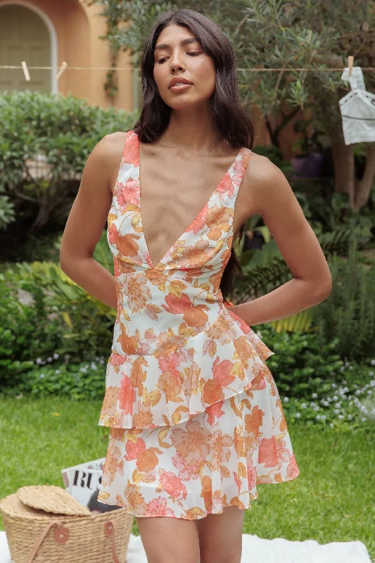 "Bundle and Save: Buy Multiple Women's Dresses and Get a Discount"Veda Strappy Back Ruffle Mini Dress Floral Orange