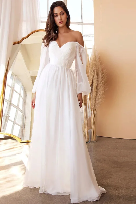 Plus Size Jersey Wrap Dresses for Ladies' Easygoing LookWhite A-Line Off the Shoulder Long Sleeves Ruched Wedding Party Dress