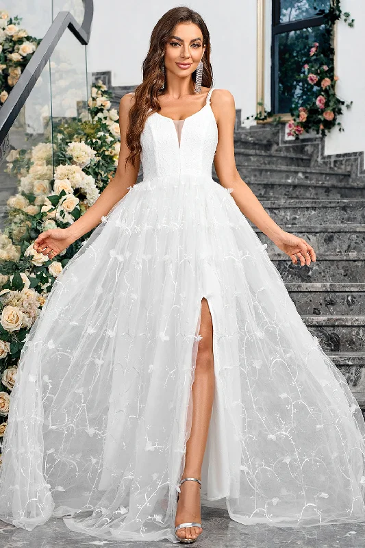 Dresses with Embroidered Tribal Patterns and Satin Sash for Ladies' Cultural and Glamorous LookWhite A-Line Spaghetti Straps Appliques Tulle Long Wedding Party Dress with Slit