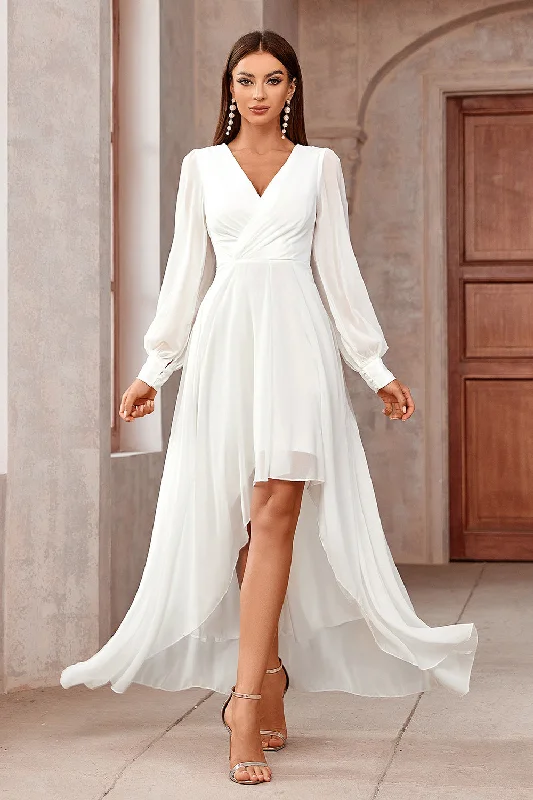 Dresses with Embroidered Birds and Sequined Floral Motifs and Satin and Lace Combo for Ladies' Nature Inspired and Romantic LookWhite A-Line Wrap Long Sleeves High-Low Party Dress