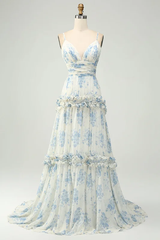 "Seasonal Sale: Save Big on Women's Dresses for Every Occasion"White Blue Flower A Line Spaghetti Straps Long Tulle Bridesmaid Dress with Ruffles