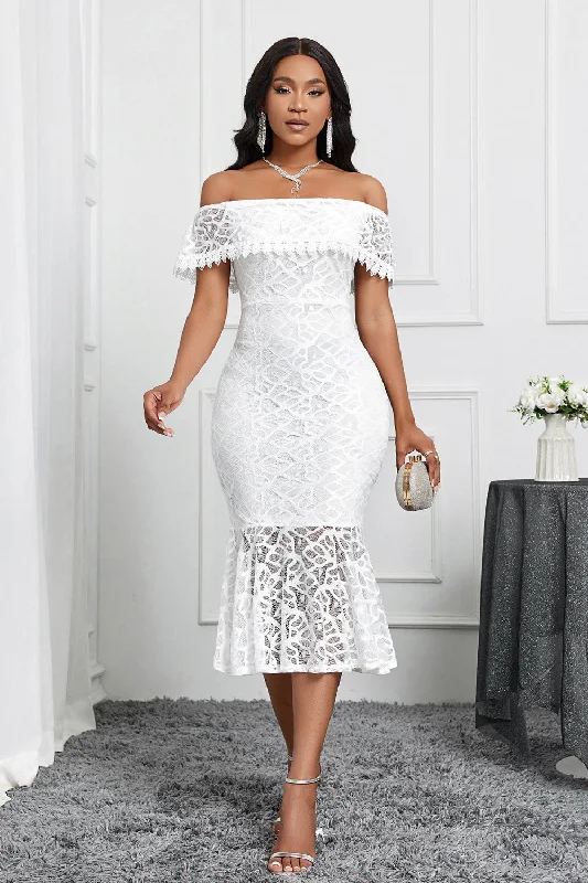 Dresses with Lace Insertions on the Skirt and Beaded Waistband for Ladies' Feminine and Glamorous LookWhite Off the Shoulder Mermaid Ruffle Tea Length Party Dress